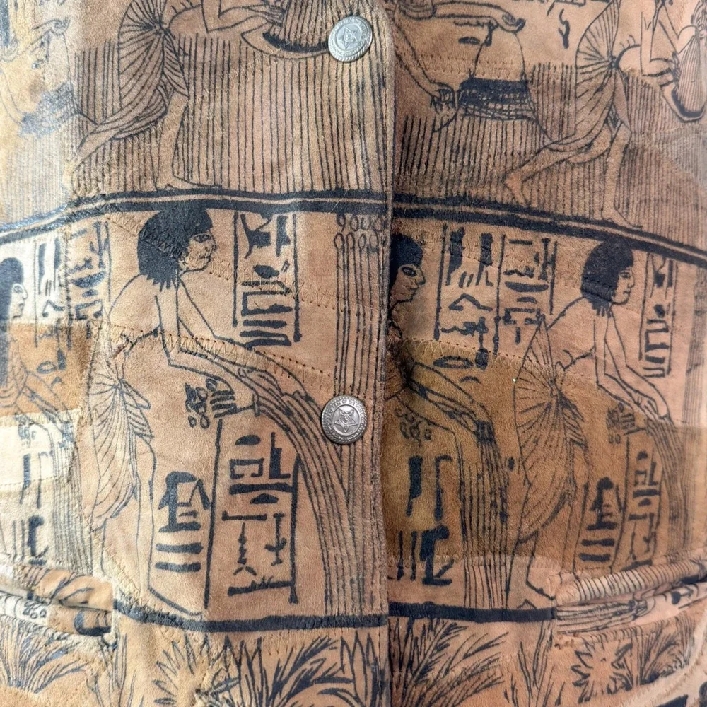 Vintage‎ Leather Vest Egyptian Hieroglyph Print Brown Black 90s Unisex Large
